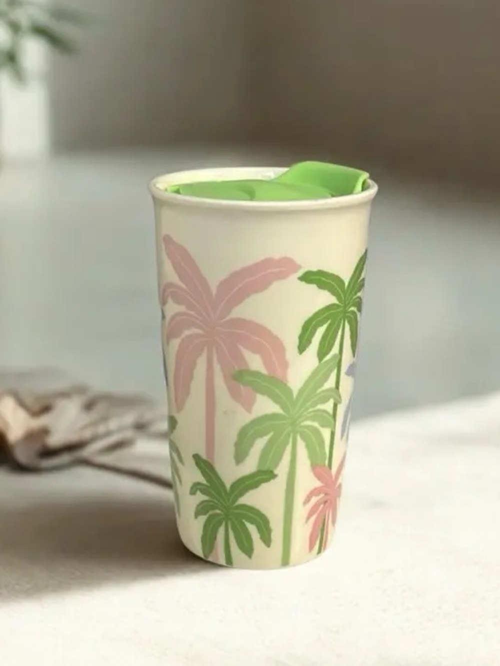 Palm Tree Pattern Ceramic Tall Coffee Mug - Pastel Green & Pink